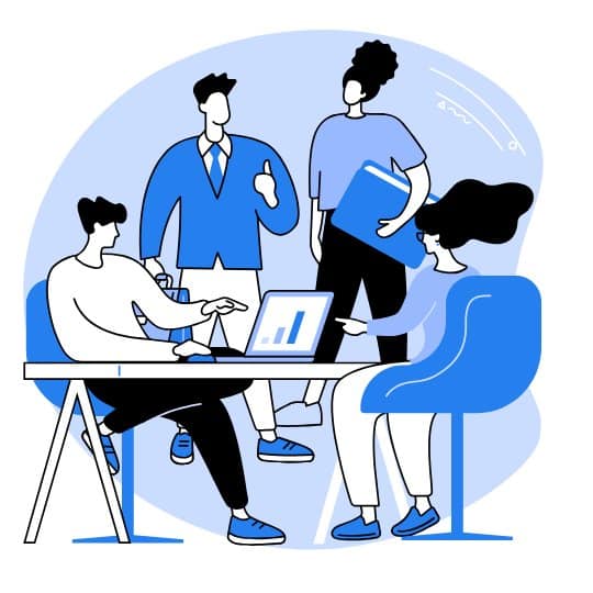 Illustration showing a group of people gathered round a desk in an office setting.