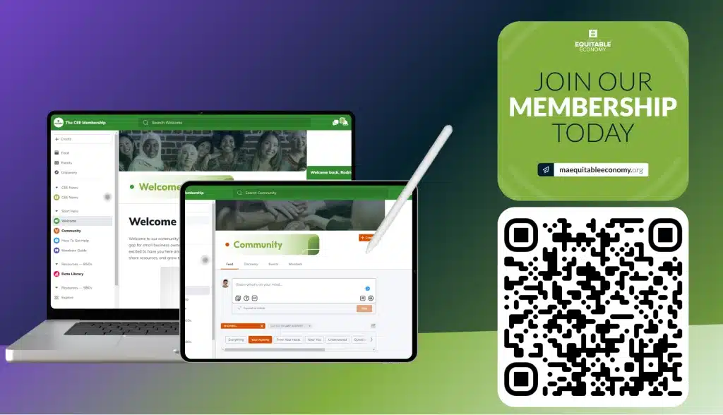 Graphic showing QR code for CEE membership page and screenshots of CEE website.