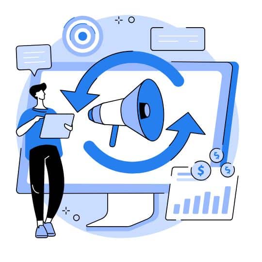 An illustration showing a person standing next to a larger than life size computer screen showing a megaphone. To the other side there is a bar chart with dollar signs above it.