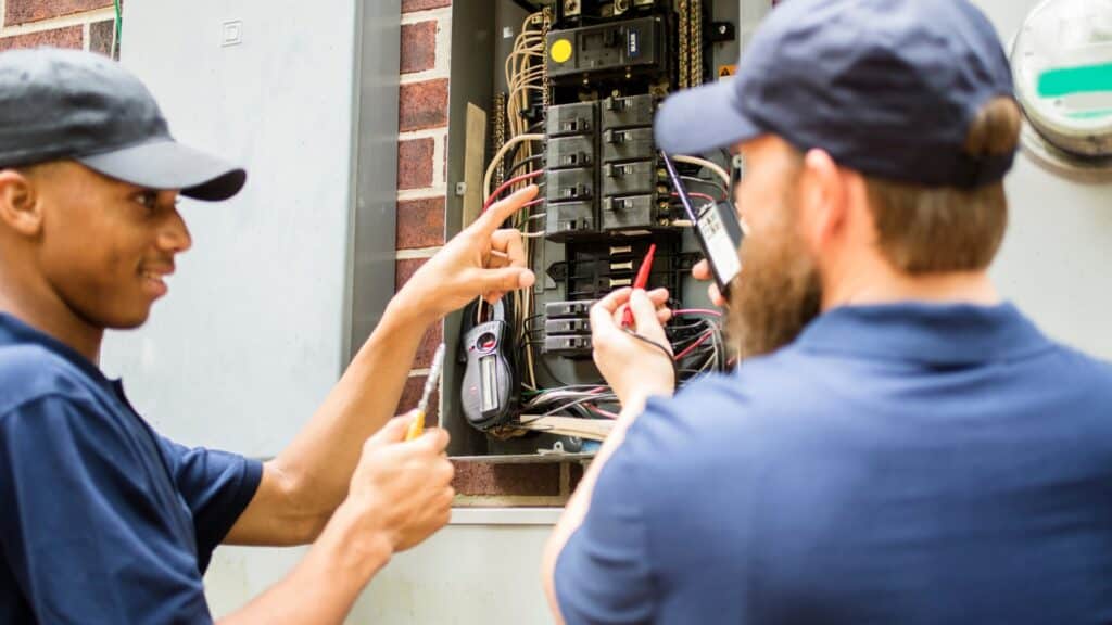 Two electricians work on a fuse box.