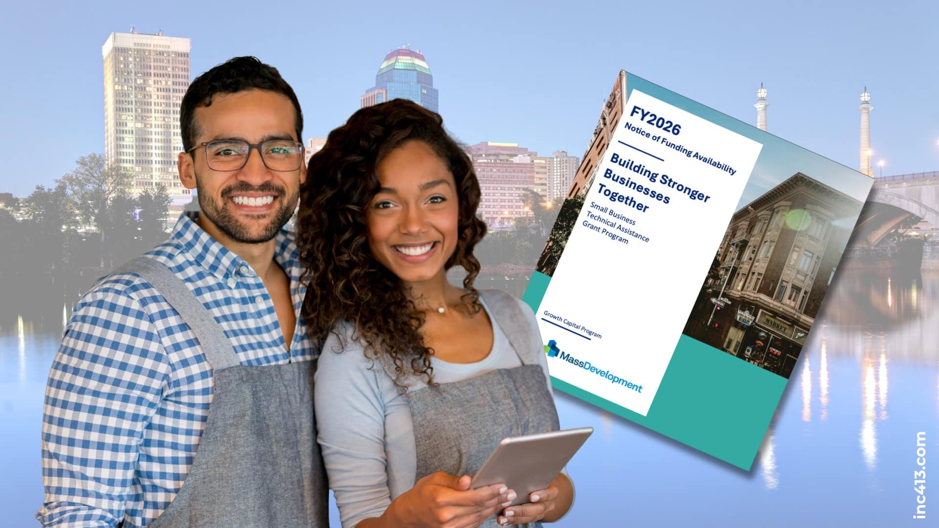 A graphic showing two business owners and the Mass Development grant announcement cover with the Springfield MA skyline in the background