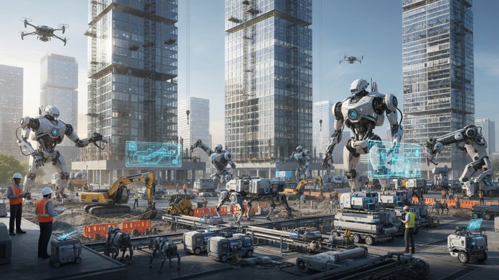 An AI-generated image of giant robots helping out on a job site. Artist Dynamix