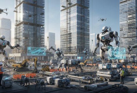 An AI-generated image of giant robots helping out on a job site. Artist Dynamix