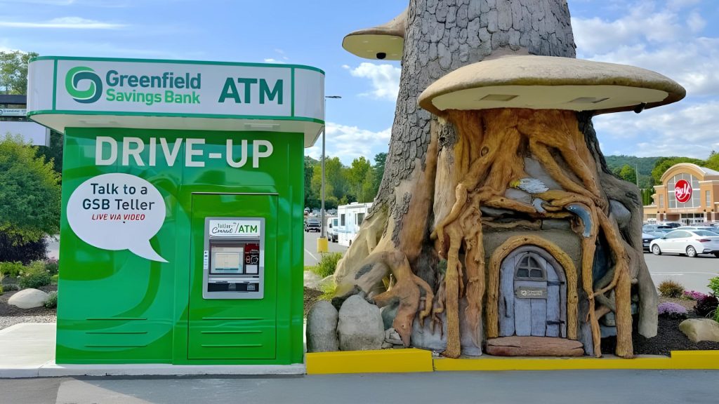The refurbished Greenfield Savings Bank Money Tree and the ITM next to it.