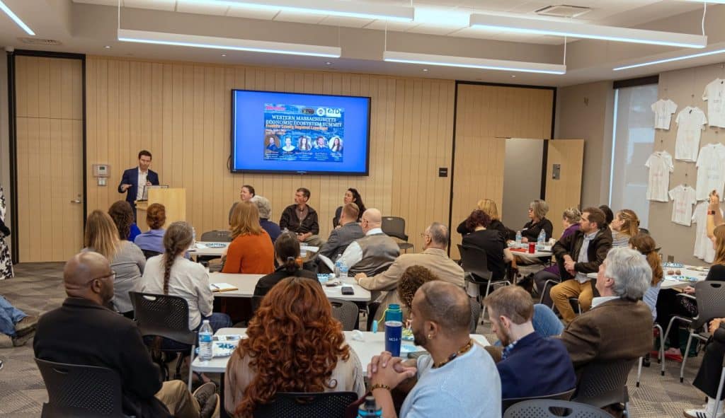 Jacob Robinson speaks at the 6th Western Mass Economic Ecosystem Summit held in Greenfield, April 4, 2025.