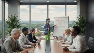 An AI generated image of a teenager making a presentation in a board room while everyone around the table laughs.